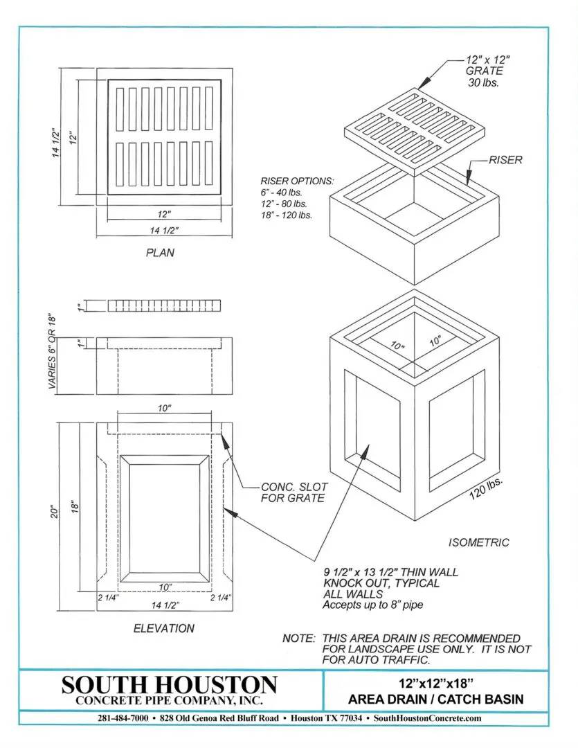 South Houston Concrete Precast Catch Basin w/ Slab Top and optional riser