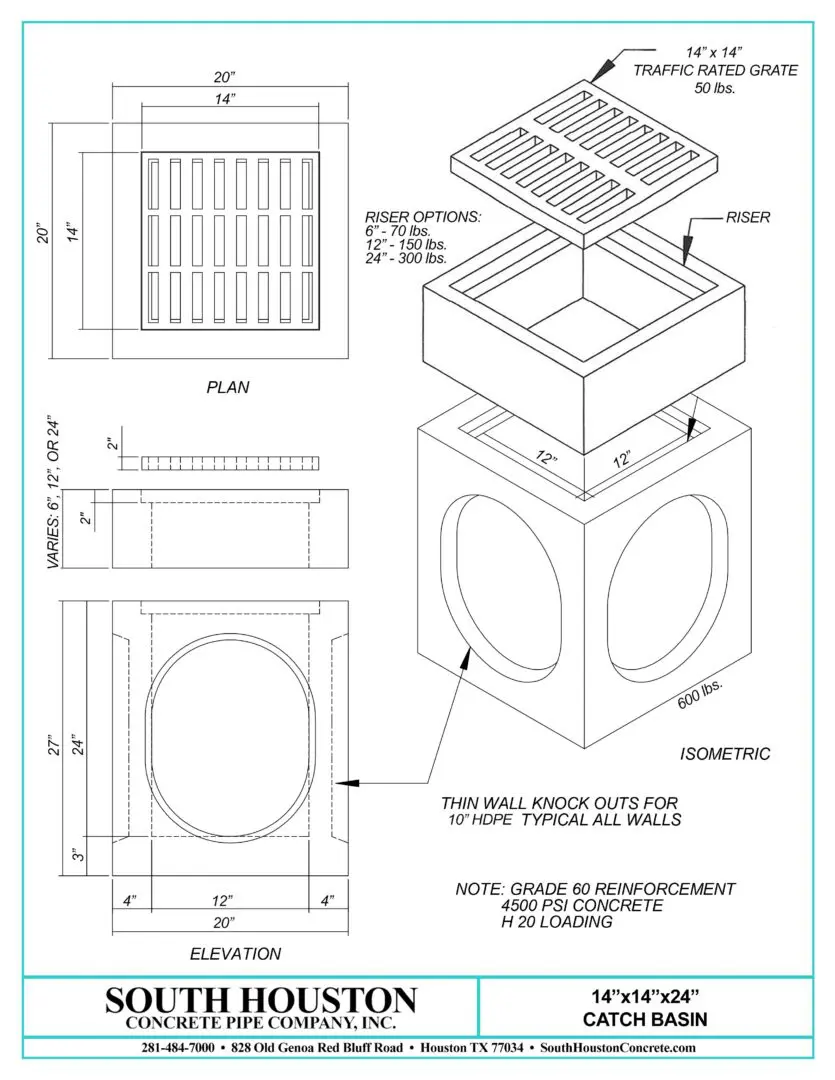 South Houston Concrete Precast Catch Basin w/ Slab Top and optional riser