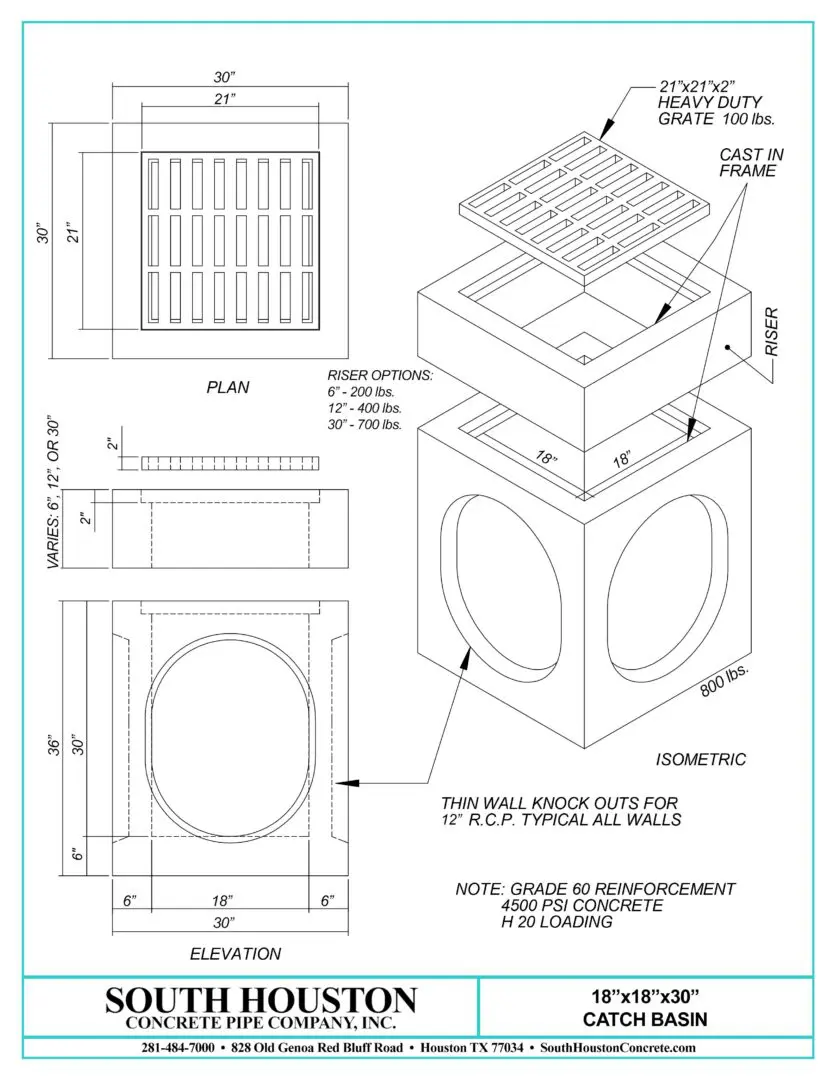 South Houston Concrete Precast Catch Basin w/ Slab Top and optional riser