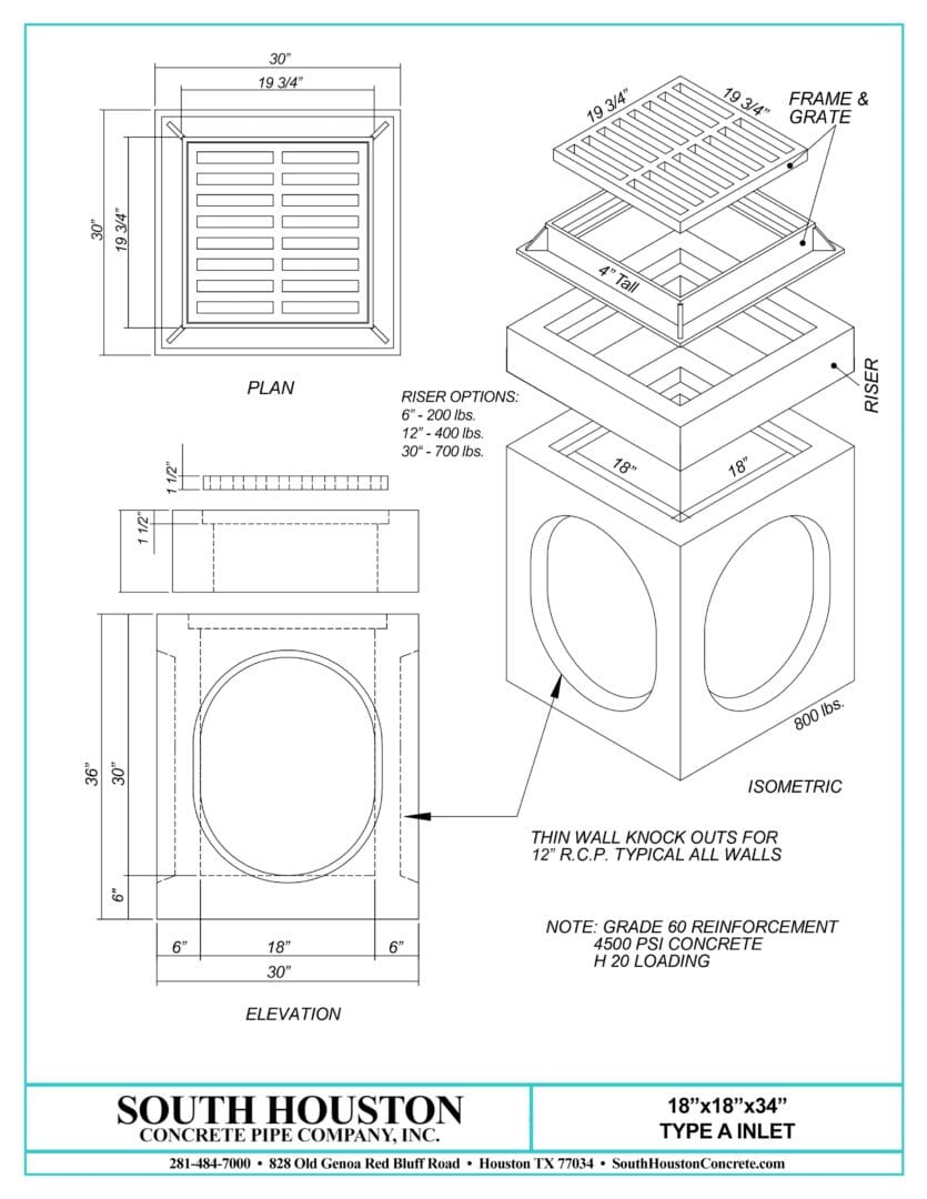 South Houston Concrete Precast Type A Storm Inlet w/ Slab Top and optional riser