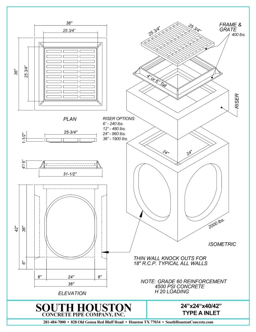 South Houston Concrete Precast Type A Storm Inlet w/ Slab Top and optional riser