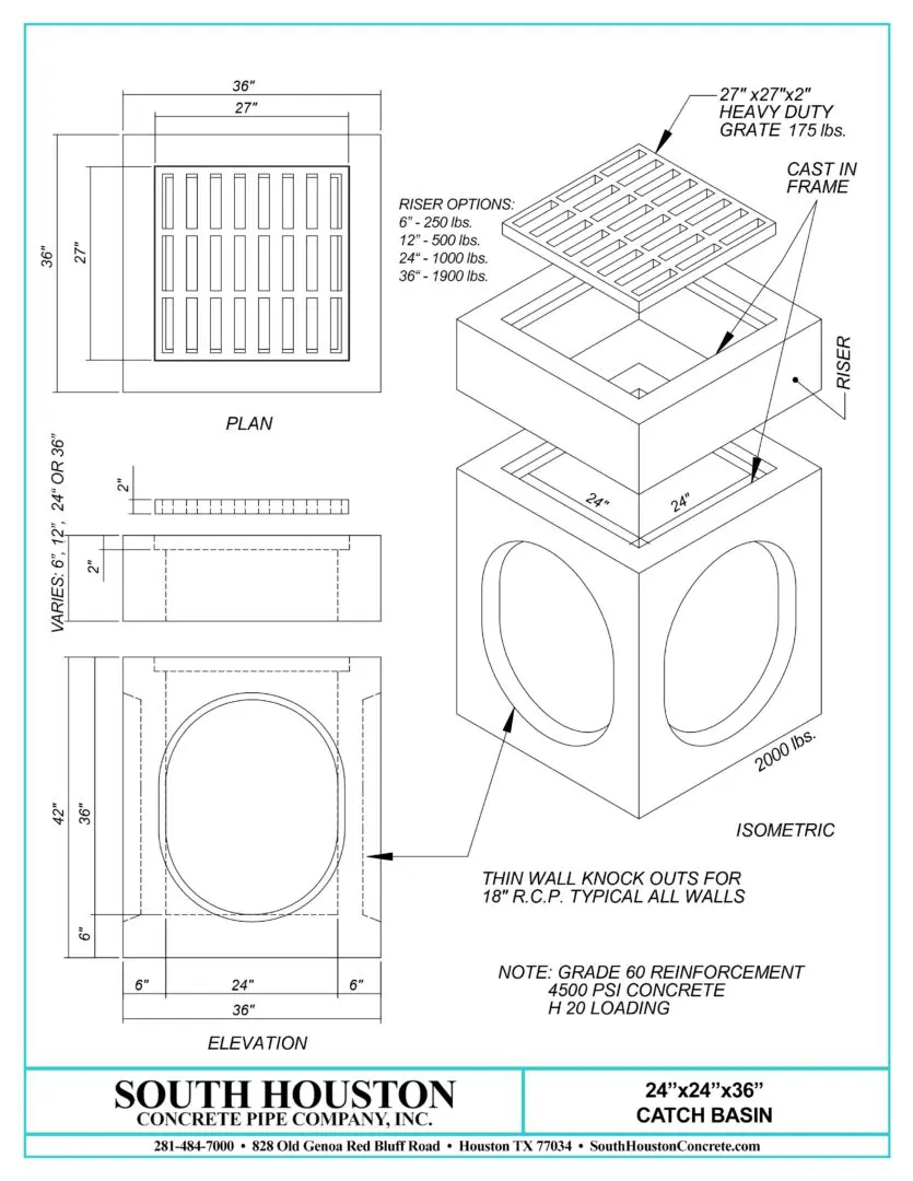 South Houston Concrete Precast Catch Basin w/ Slab Top and optional riser