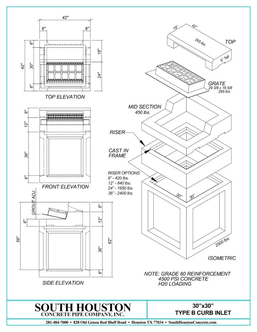 South Houston Concrete Precast Type B Storm Inlet w/ Slab Top and optional riser