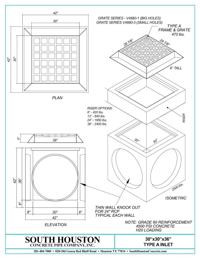 South Houston Concrete Precast Type A Storm Inlet w/ Slab Top and optional riser