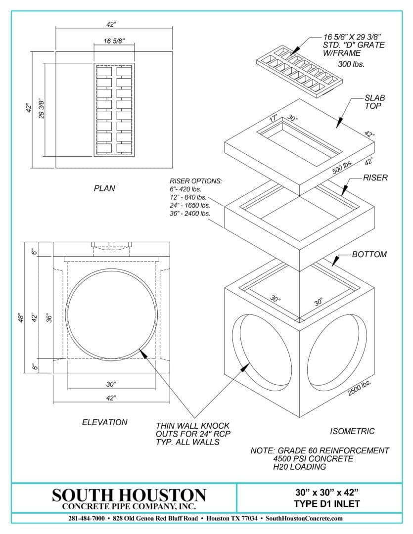South Houston Concrete Precast Type D1 Storm Inlet w/ Slab Top and optional riser