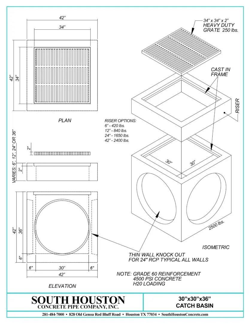 South Houston Concrete Precast Catch Basin w/ Slab Top and optional riser