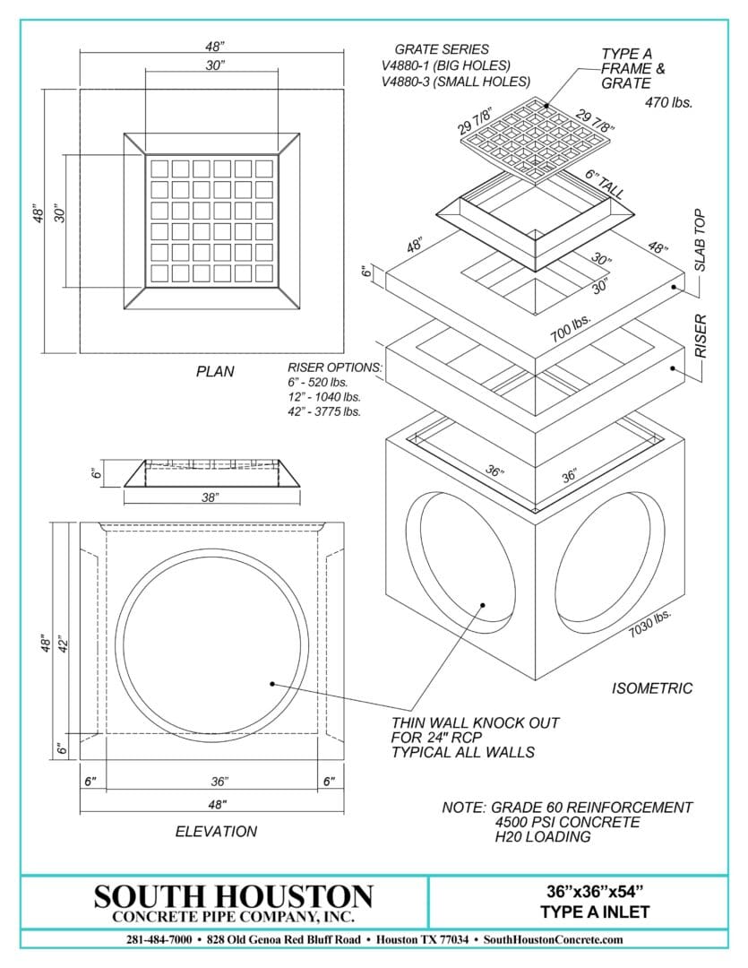 South Houston Concrete Precast Type A Storm Inlet w/ Slab Top and optional riser