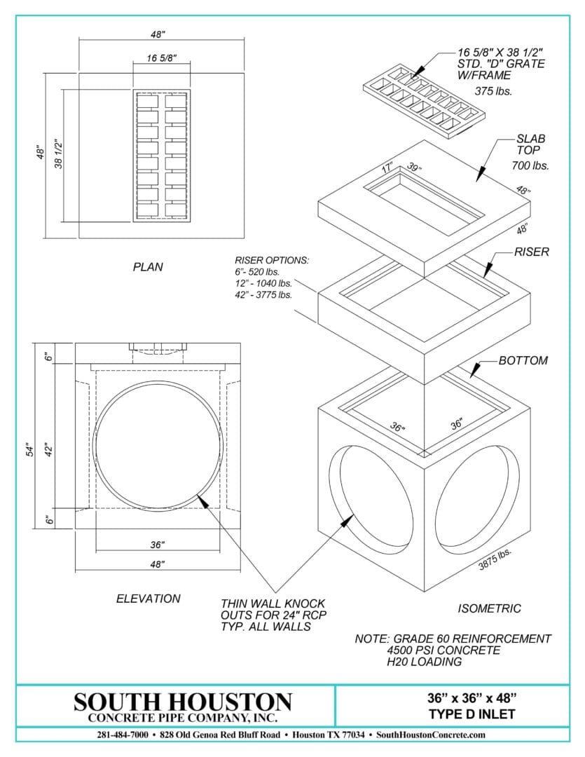 South Houston Concrete Precast Type D Storm Inlet w/ Slab Top and optional riser