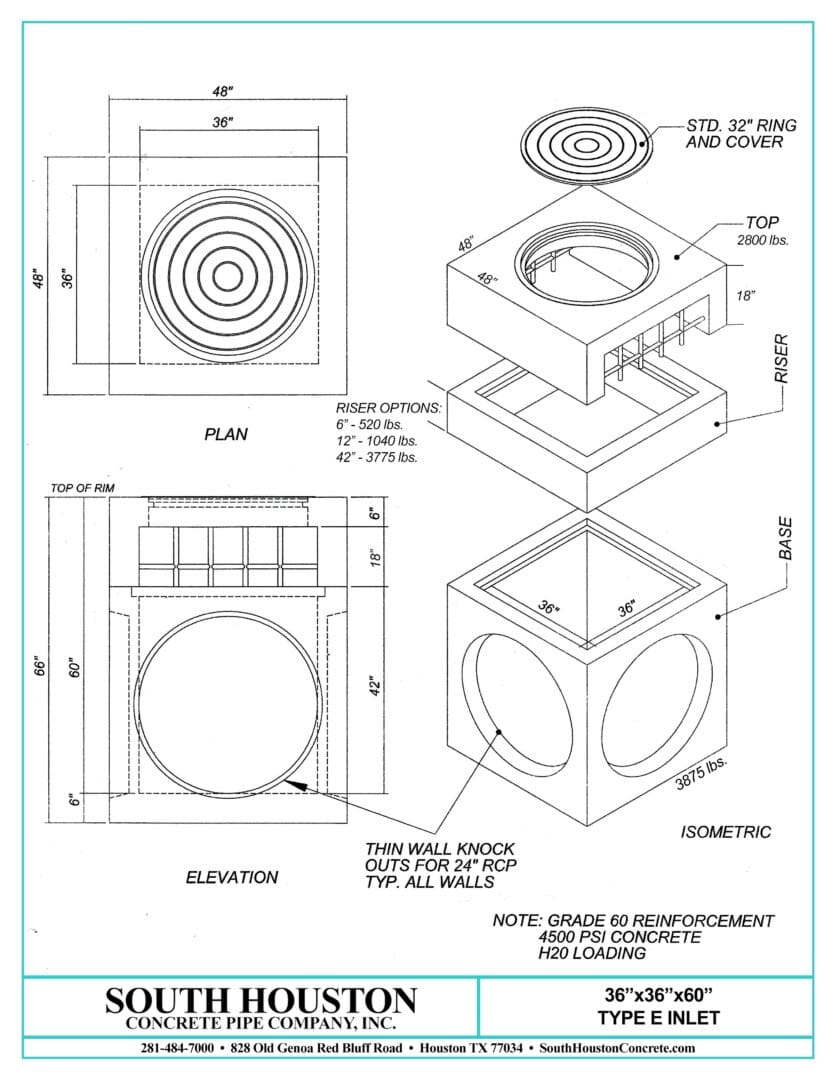 South Houston Concrete Precast Type E Storm Inlet w/ Slab Top and optional riser