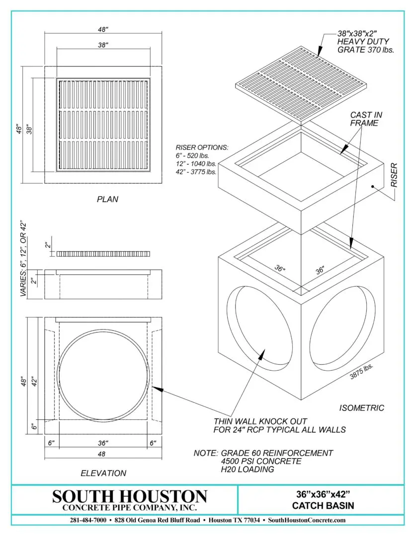 South Houston Concrete Precast Catch Basin w/ Slab Top and optional riser