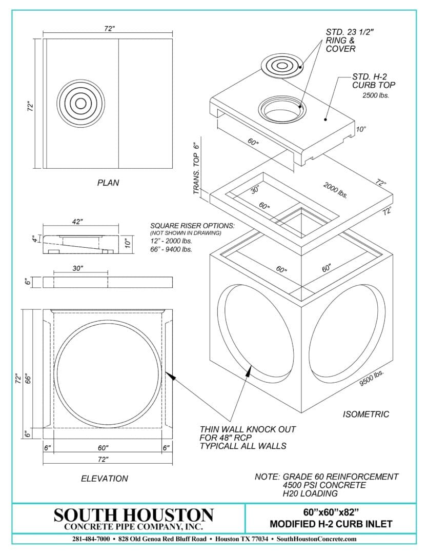 South Houston Concrete Precast Type H2 Storm Inlet w/ Slab Top and optional riser