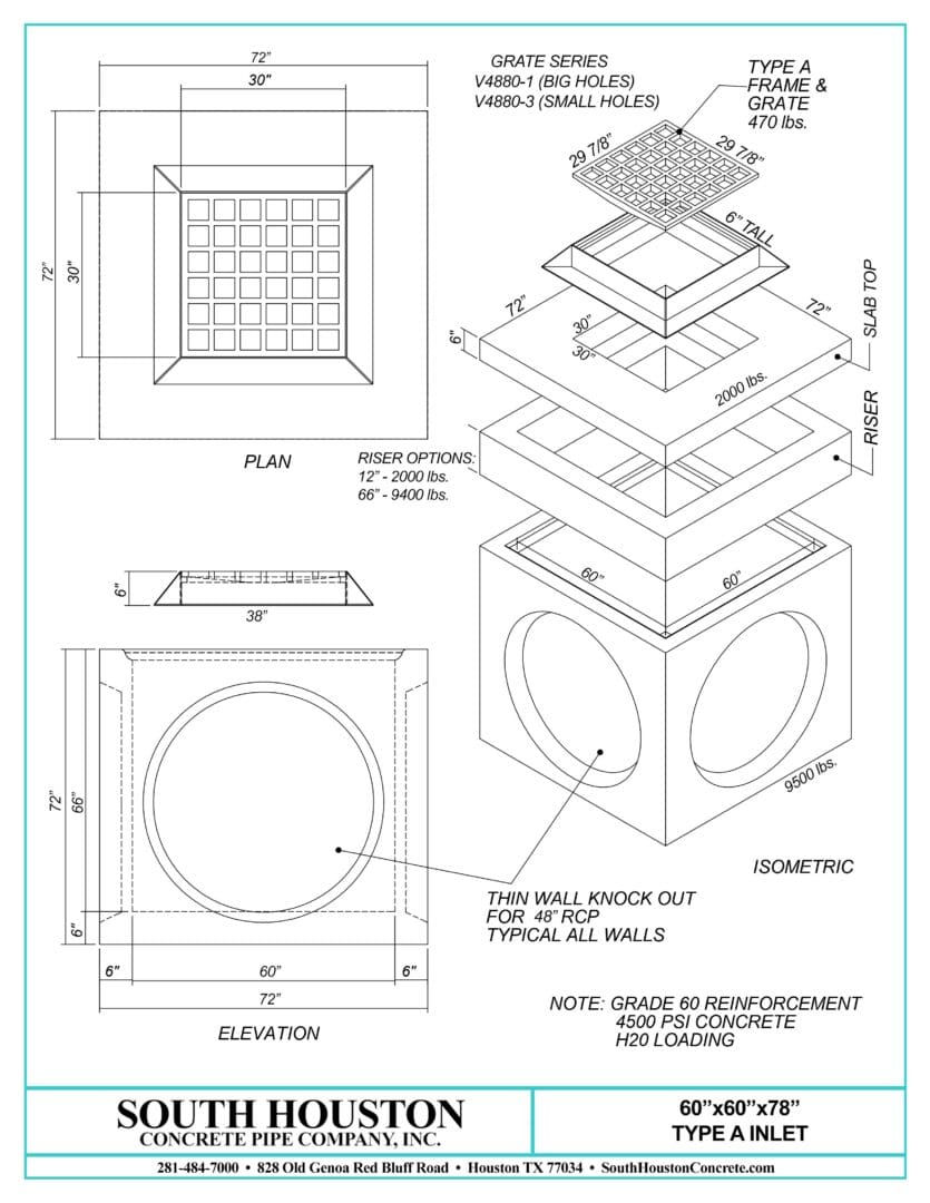 South Houston Concrete Precast Type A Storm Inlet w/ Slab Top and optional riser
