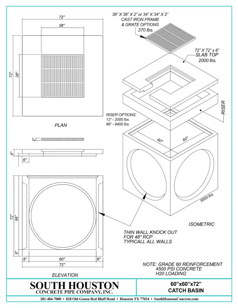 South Houston Concrete Precast Catch Basin w/ Slab Top and optional riser