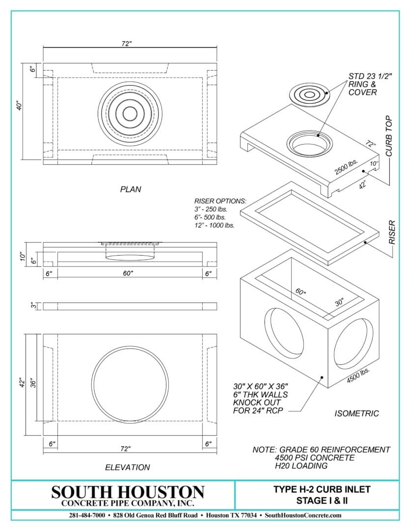 South Houston Concrete Precast Type H2 Storm Inlet w/ Slab Top and optional riser